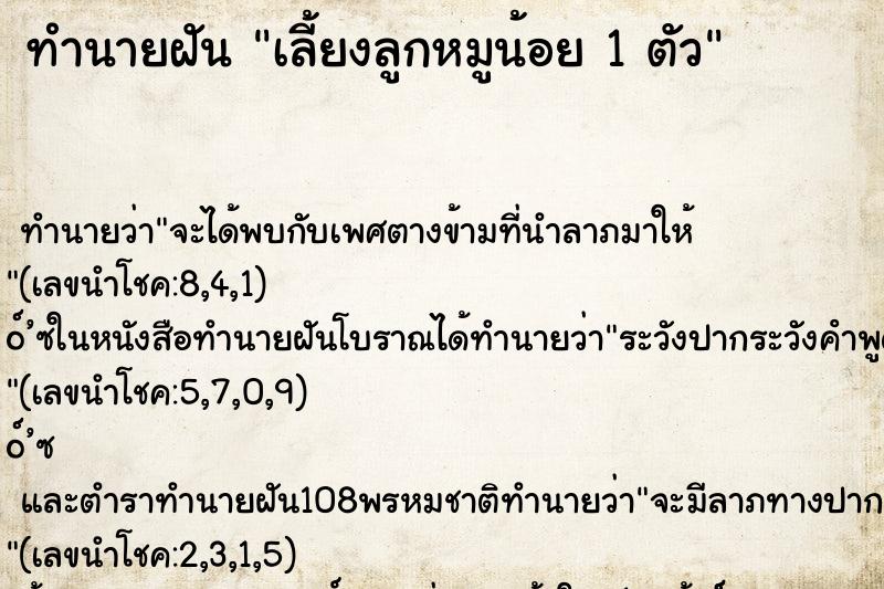 ทำนายฝัน เลี้ยงลูกหมูน้อย 1 ตัว ทำนายฝัน เลี้ยงลูกหมูน้อย 1 ตัว